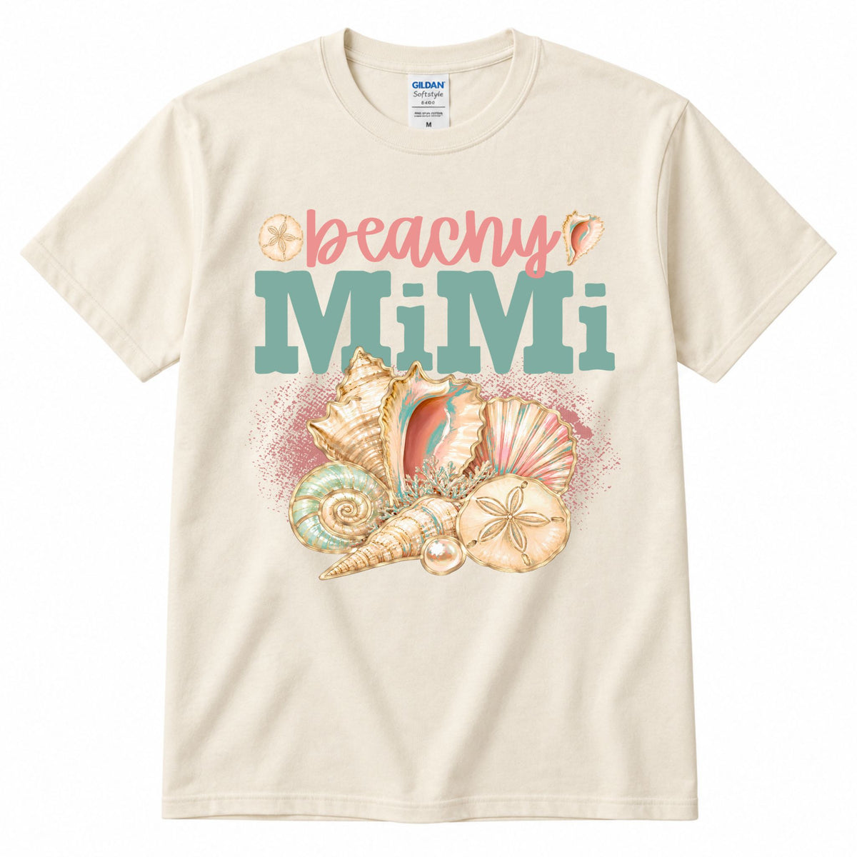 Cream crewneck graphic T-shirt with “beachy” and “MiMi” shell artwork