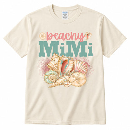 Cream crewneck graphic T-shirt with “beachy” and “MiMi” shell artwork