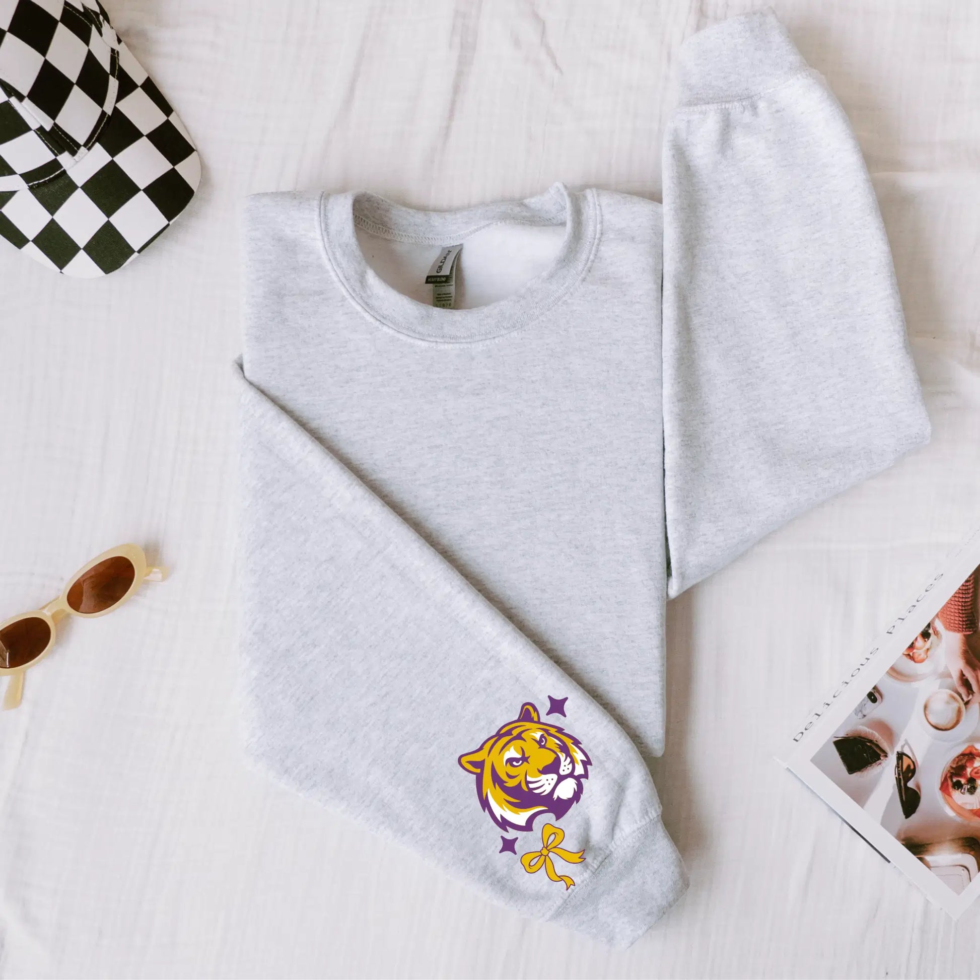 Tiger Spirit Sweatshirt: LSU Purple & Gold Game Day Crewneck with Bow & Tiger Graphic