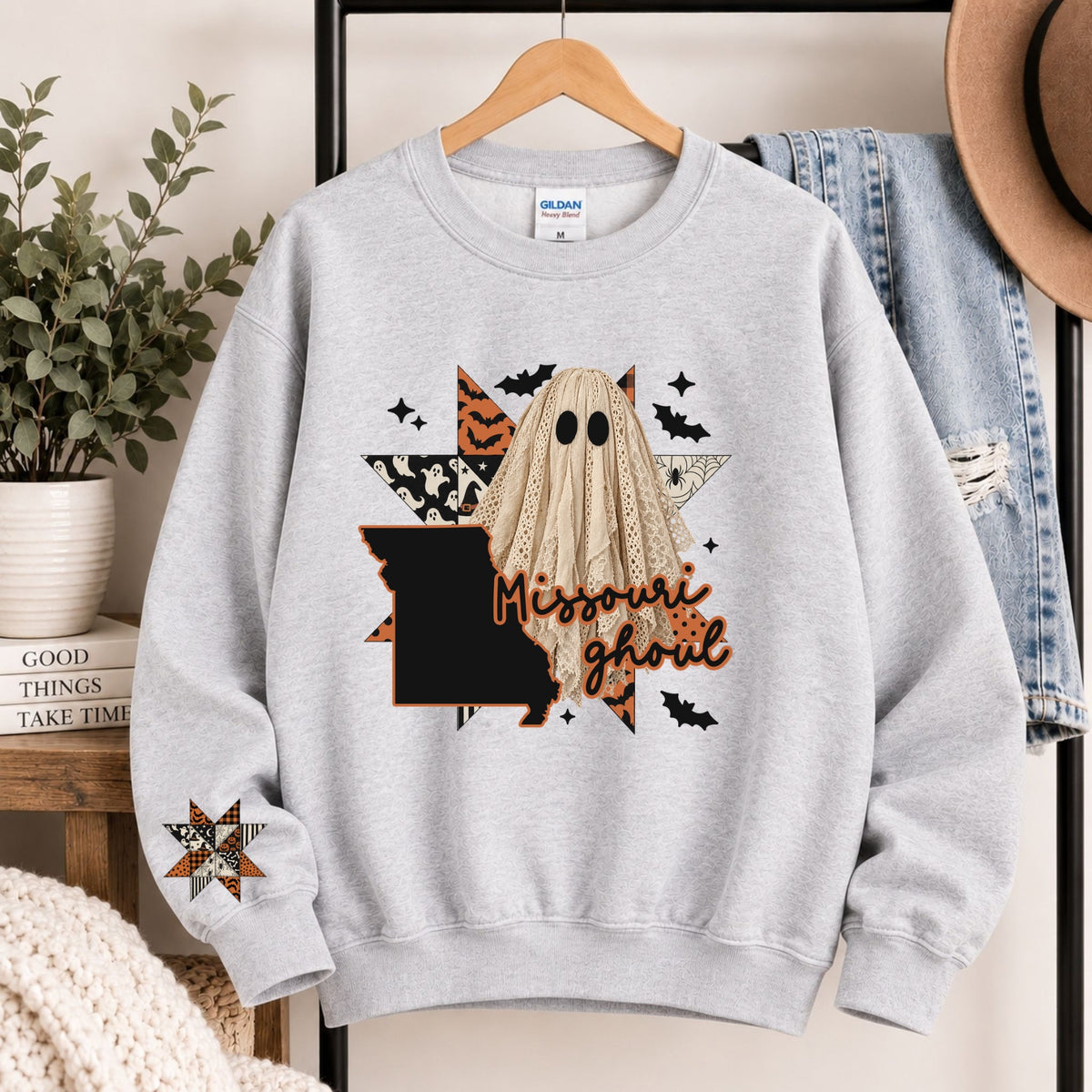 Light gray crewneck sweatshirt with Missouri ghoul state graphic and burlap ghost hood