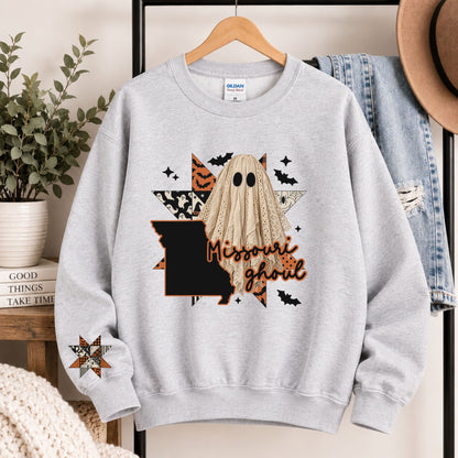 Light gray crewneck sweatshirt with Missouri ghoul state graphic and burlap ghost hood