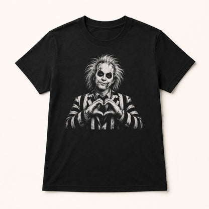 Black short-sleeve T-shirt with centered black-and-white heart-hands character graphic