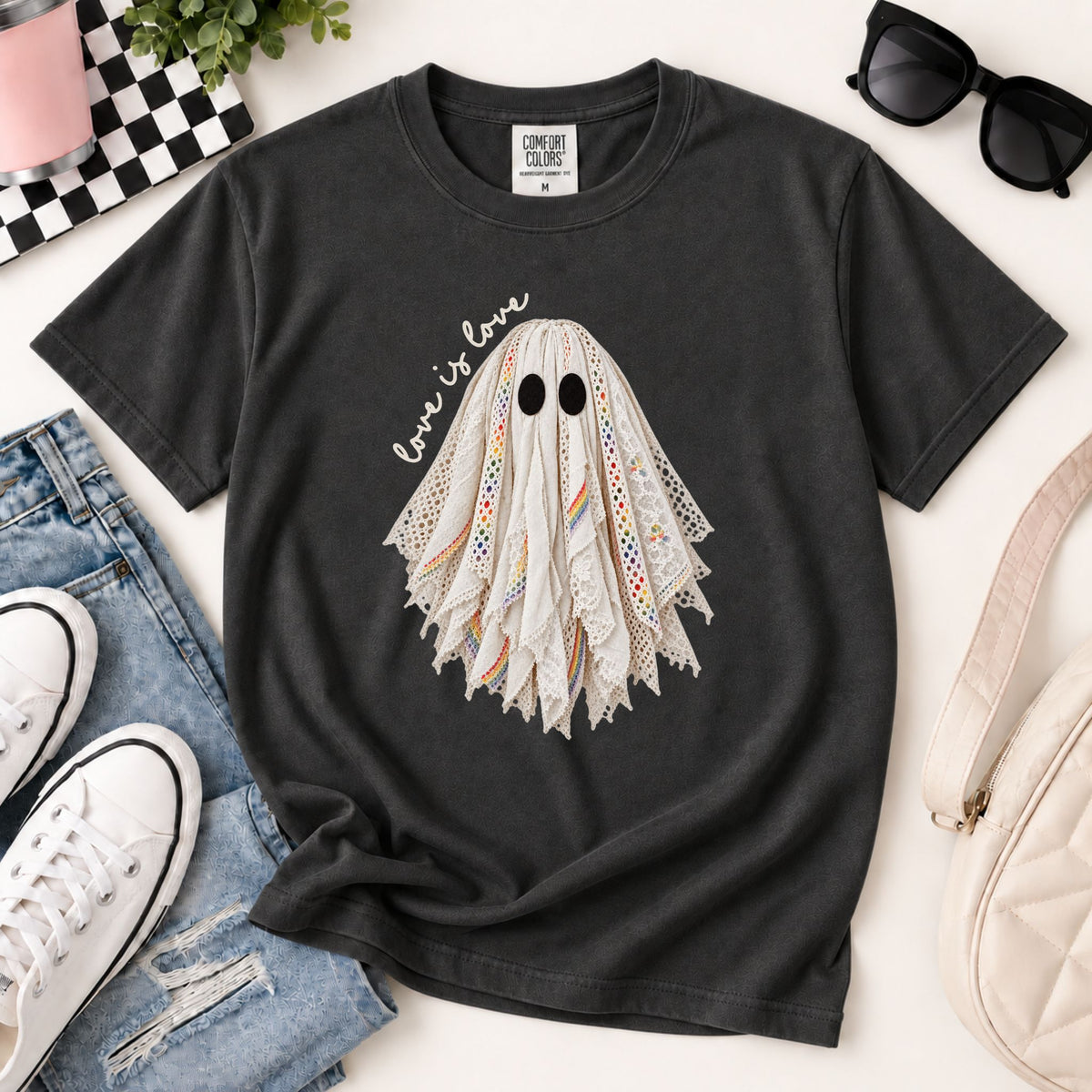 Dark gray crew-neck graphic tee with layered lace ghost face print