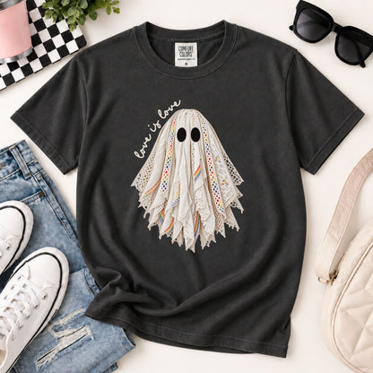Dark gray crew-neck graphic tee with layered lace ghost face print