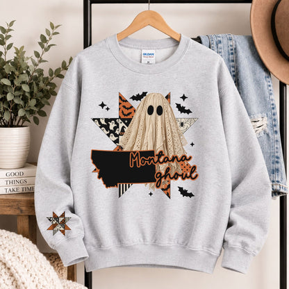 Light gray crewneck sweatshirt with Montana ghoul state graphic and burlap ghost hood