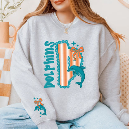 Dolphins Seersucker Sweatshirt: Game Day Pullover for Football Fans. Miami Dolphins apparel, showing dolphin graphic and seersucker pattern.