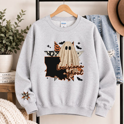 Light gray crewneck sweatshirt with centered Louisiana silhouette, bats, and ghoul lettering