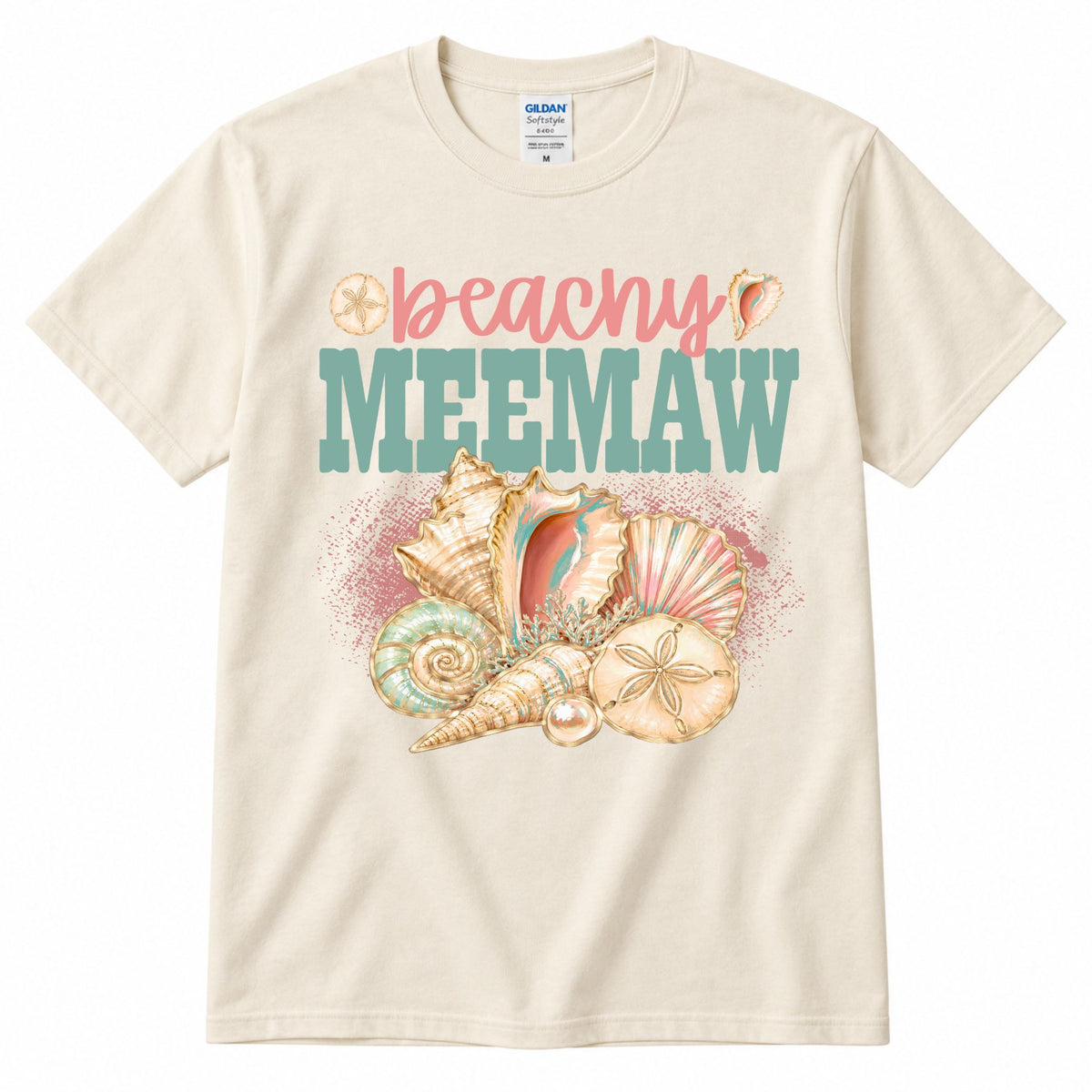 Cream crewneck graphic T-shirt with “beachy” and “MEE MAW” shell artwork