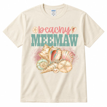 Cream crewneck graphic T-shirt with “beachy” and “MEE MAW” shell artwork
