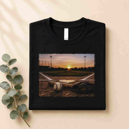 Black t-shirt with a printed design of a baseball field at sunset on a beige background.