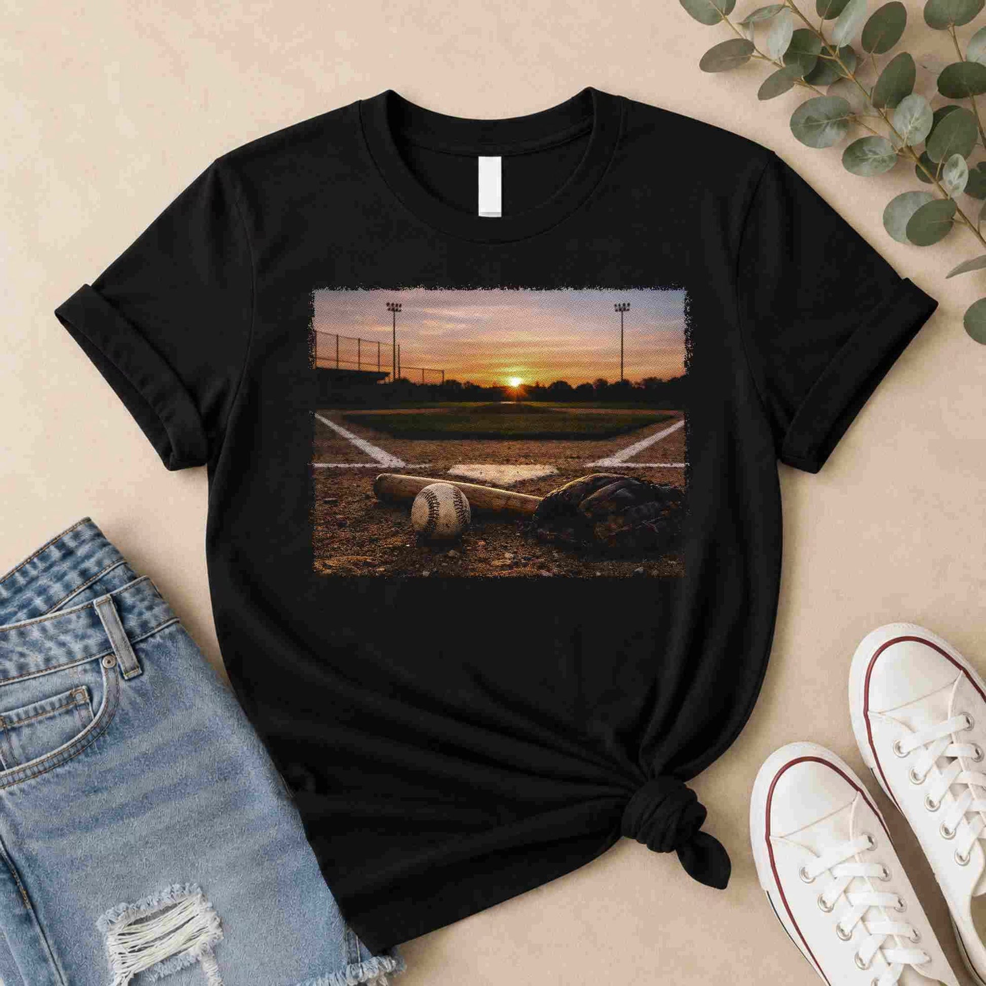 Black t-shirt with a sunset over a field graphic, paired with jeans and sneakers on a beige surface.