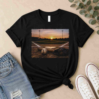 Black t-shirt with a sunset over a field graphic, paired with jeans and sneakers on a beige surface.