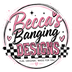 A circular graphic logo reading 'Becca's Banging Designs' in pink and black lettering, with small hearts, sparkles, a black-and-white checkered stripe, and the tagline 'FUN. ORIGINAL.