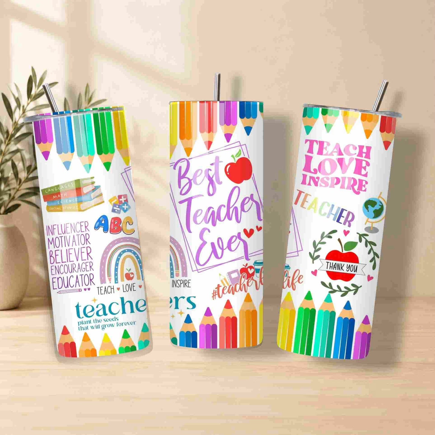 The 20oz "Best Teacher Ever" tumbler features colorful pencil designs and teacher appreciation messages, making it a perfect teacher gift for any occasion.