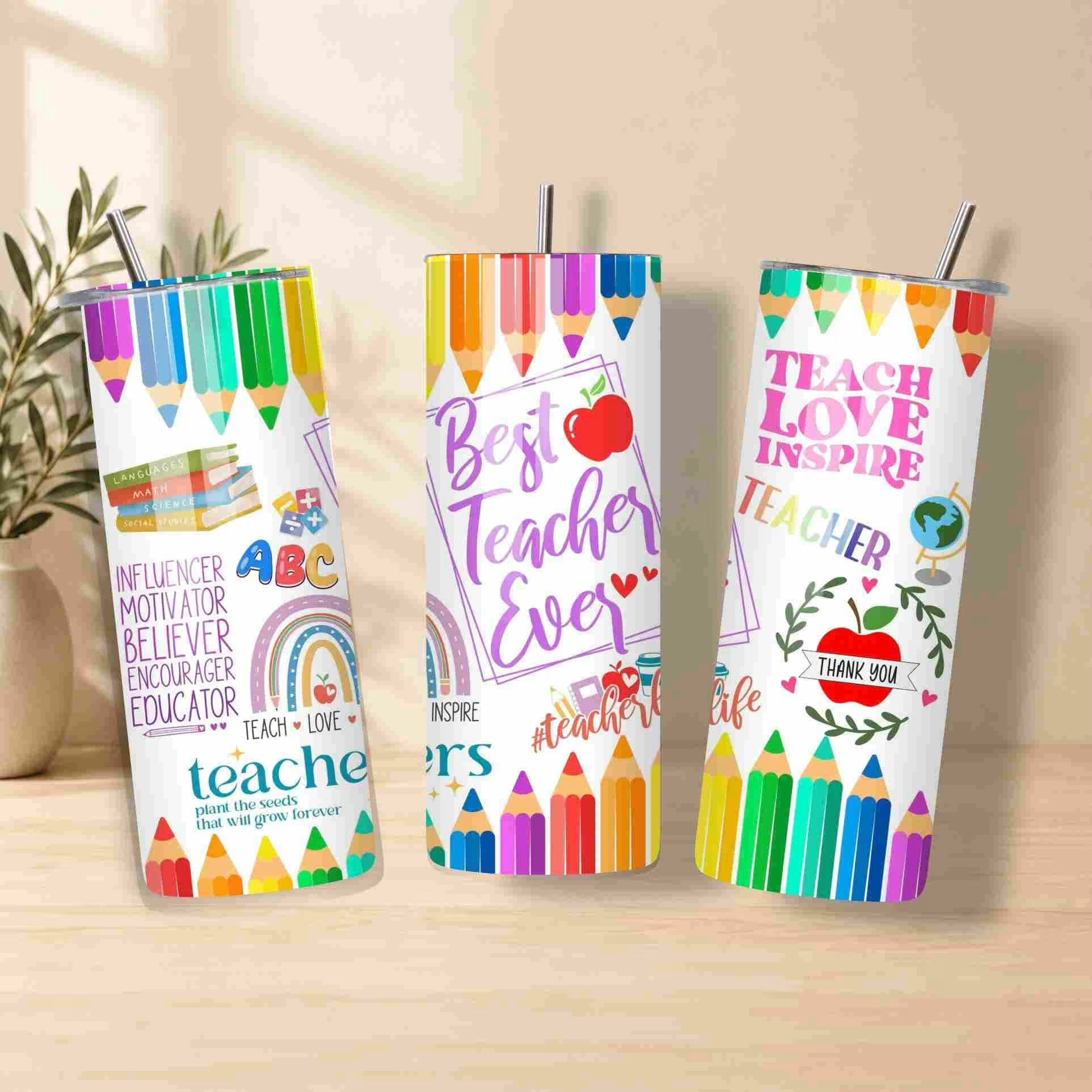 The 20oz "Best Teacher Ever" tumbler features colorful pencil designs and teacher appreciation messages, making it a perfect teacher gift for any occasion.