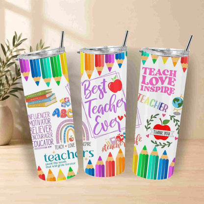 The Best Teacher Ever | 20oz Tumbler features a vibrant crayon design, sturdy metal straw, and uplifting message—an ideal gift to inspire and appreciate teachers.