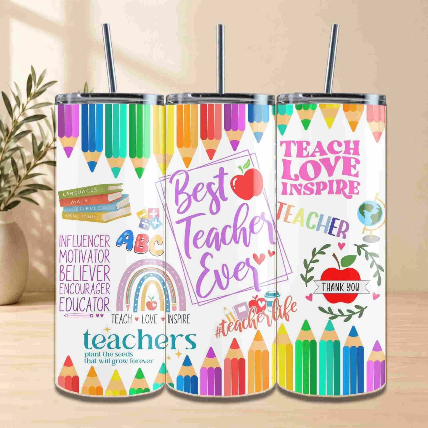 The Best Teacher Ever 20oz Tumblers feature bright, school-themed designs like pencils and apples, plus motivational quotes such as "Best Teacher Ever"—the perfect gift to inspire and brighten any teacher’s classroom.