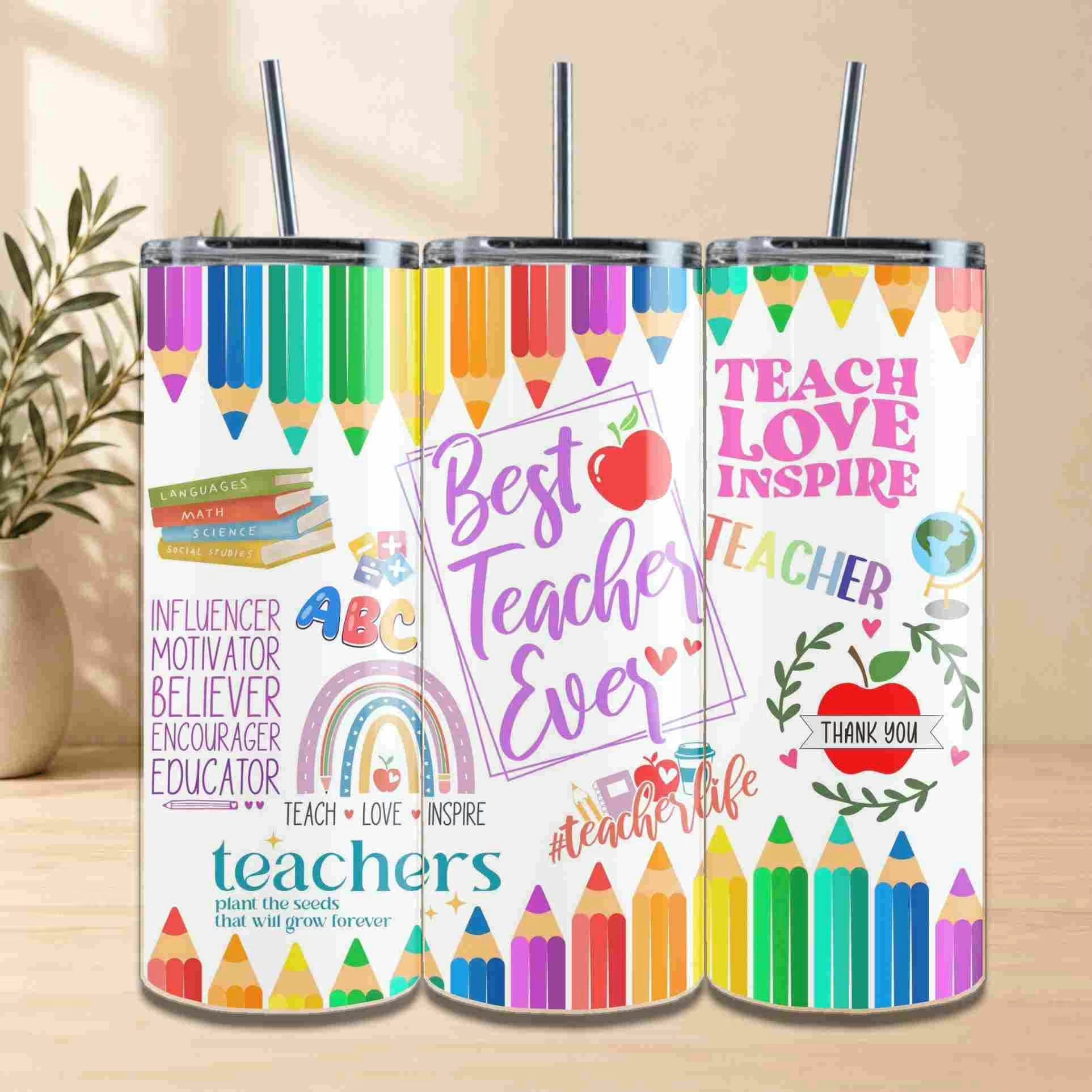 The Best Teacher Ever 20oz Tumblers feature bright, school-themed designs like pencils and apples, plus motivational quotes such as "Best Teacher Ever"—the perfect gift to inspire and brighten any teacher’s classroom.