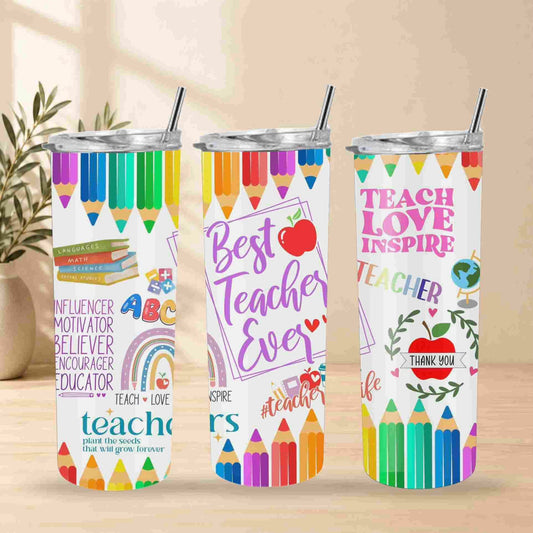 The Best Teacher Ever | 20oz Tumbler features colorful, teacher-themed designs like pencils, rainbows, and hearts with inspiring quotes—making it a thoughtful and practical gift for any teacher.