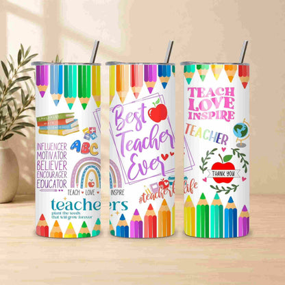 The “Best Teacher Ever” 20oz tumbler features colorful pencil designs, school icons, and positive phrases—perfect as a thoughtful teacher gift or for daily use as your favorite teacher tumbler.