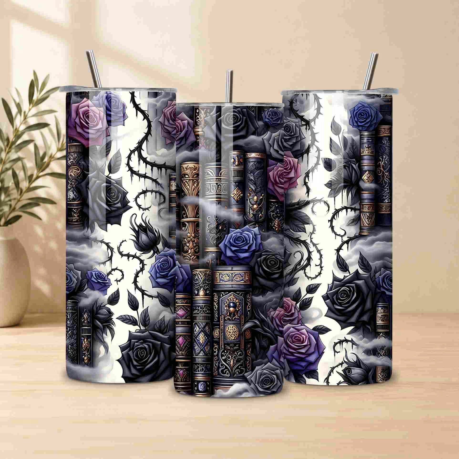 The Dark Book Lover 20oz Skinny Tumbler by Becca's Banging Designs LLC features ornate books, black and purple roses, and thorny vines on a cloudy backdrop—perfect for book lovers. A beige vase with leaves is softly blurred in the background.