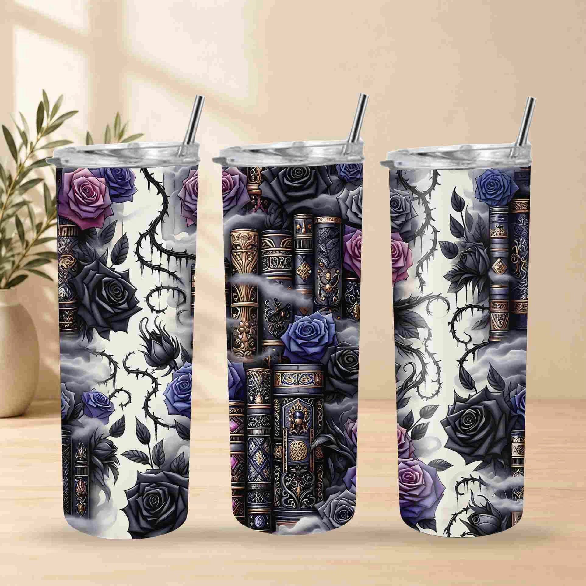 Becca's Banging Designs LLC Dark Book Lover 20oz Skinny Tumblers feature gothic dark roses, thorns, and vintage books in black, purple, and blue—perfect for any book lover’s collection. Each comes with a straw and has a blurred plant accent background.