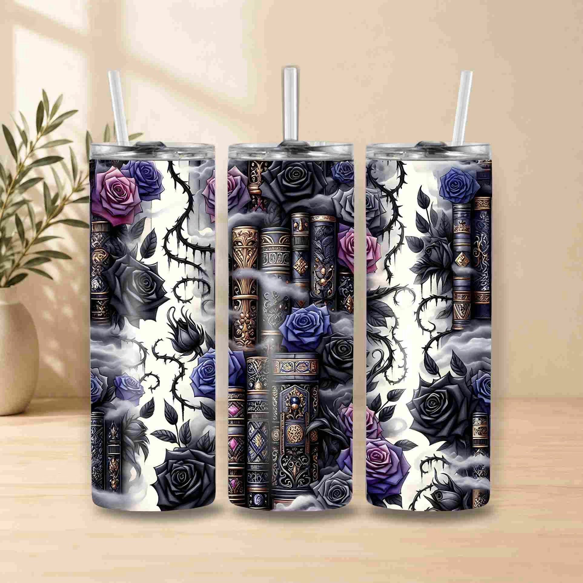 Three Dark Book Lover 20oz Skinny Tumblers from Becca's Banging Designs LLC, featuring vintage books, purple and black roses, and swirling vines, make a stunning book lover display with straws and a blurred plant in the background.