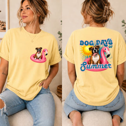 Yellow graphic dog summer t-shirt with cream-and-brown dog on pink pool float, rear "SUMMER"
