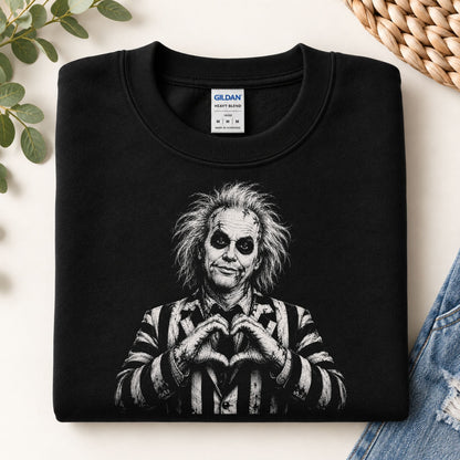 Black crewneck sweatshirt with monochrome portrait graphic on the front