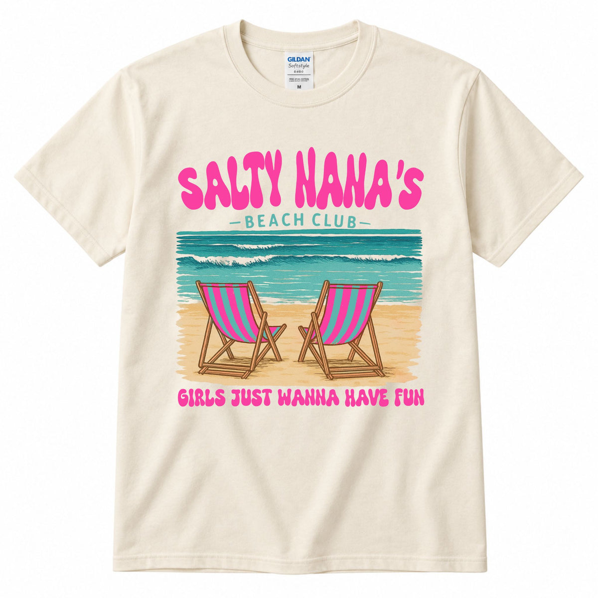 Cream graphic t-shirt with "SALTY NANA'S" beach club print and two lounge chairs graphic