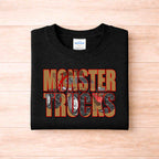Monster Trucks Youth T Shirt Kid Graphic Tee featuring bold red lettering and truck graphic on a black Gildan tee.