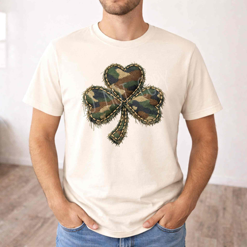 Rustic Camo Shamrock T-Shirt – St. Patrick’s Day Clover Shirt | Vintage Patch Style Shamrock Tee