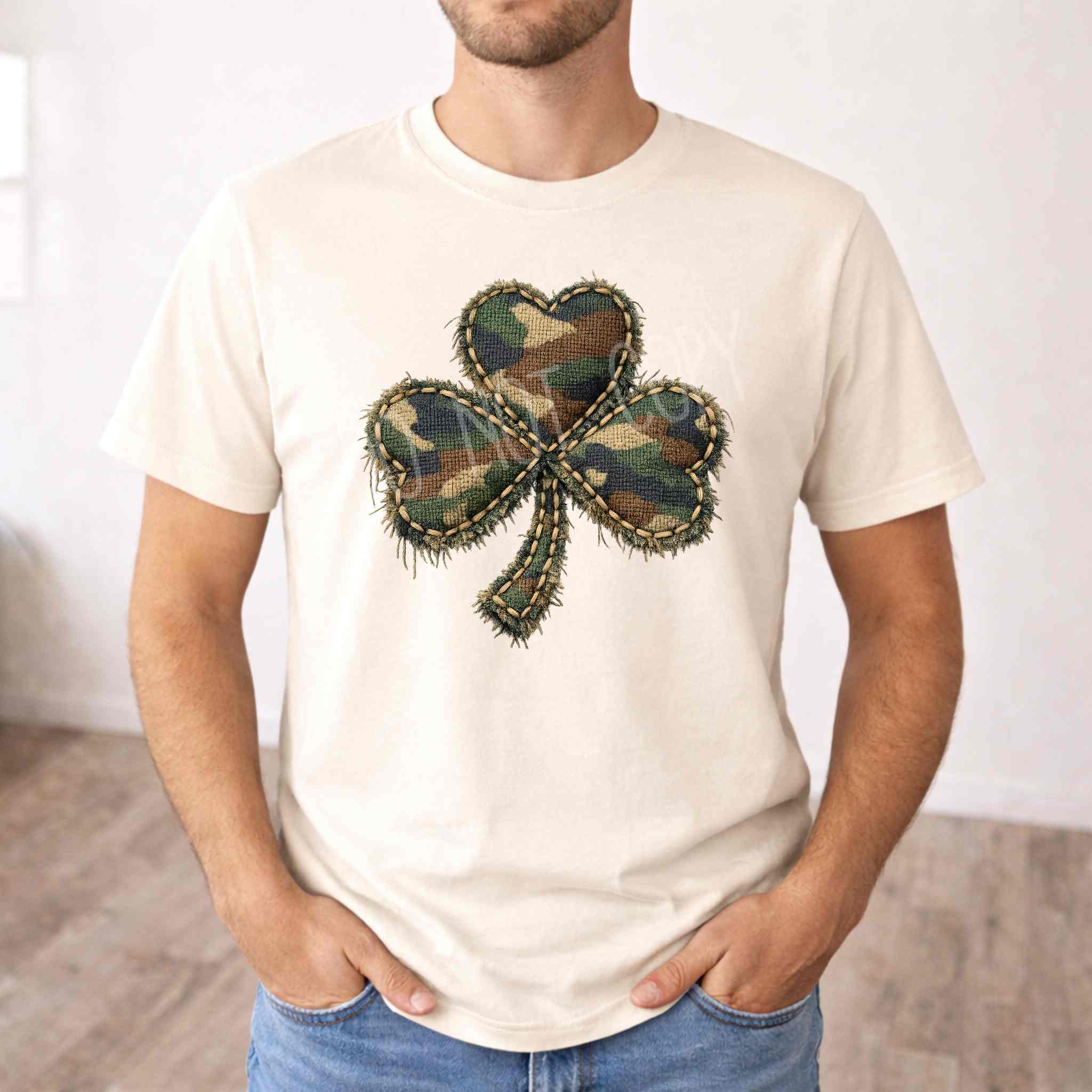 Rustic Camo Shamrock T-Shirt – St. Patrick’s Day Clover Shirt | Vintage Patch Style Shamrock Tee