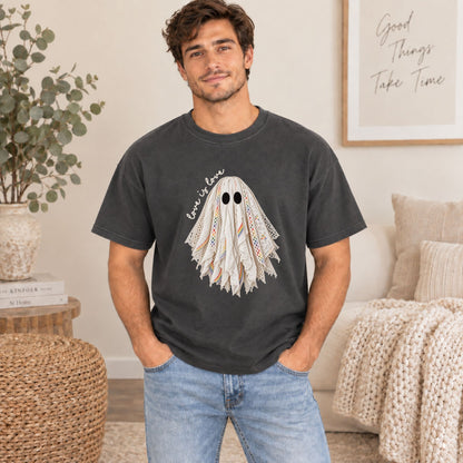 Dark gray graphic tee with layered lace ghost face print and crew neck