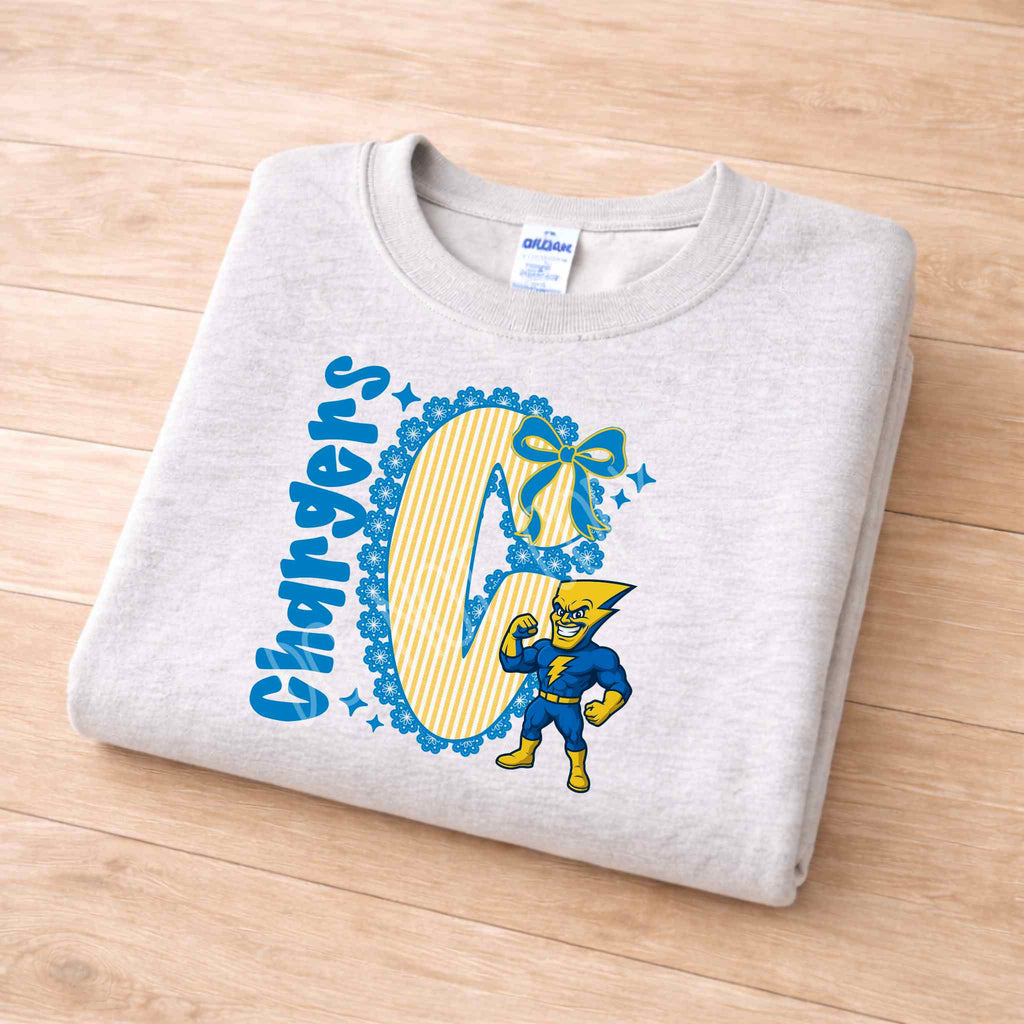 Chargers Mascot Sweatshirt – Personalized School Spirit Crewneck | Blue & Yellow Chargers Apparel