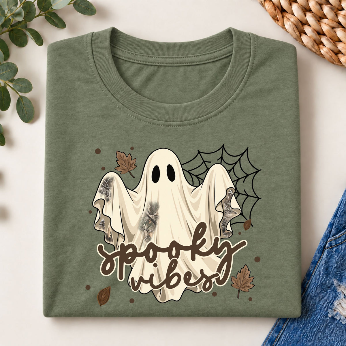 Folded green crewneck tee featuring a white ghost trio, spider webs, and “spooky vibes” print