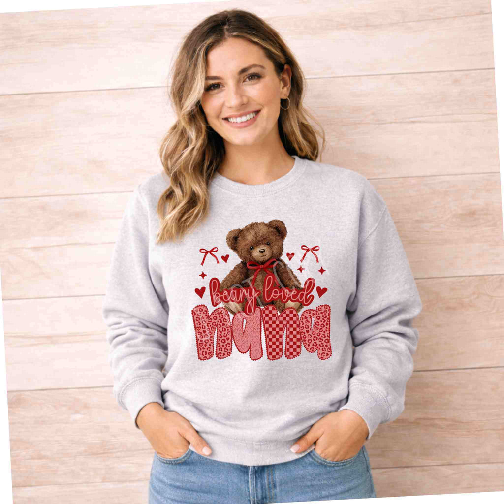 Beary Loved Mama Sweatshirt Comfort Style and Care with teddy bear design and hearts, perfect for Valentine's Day.