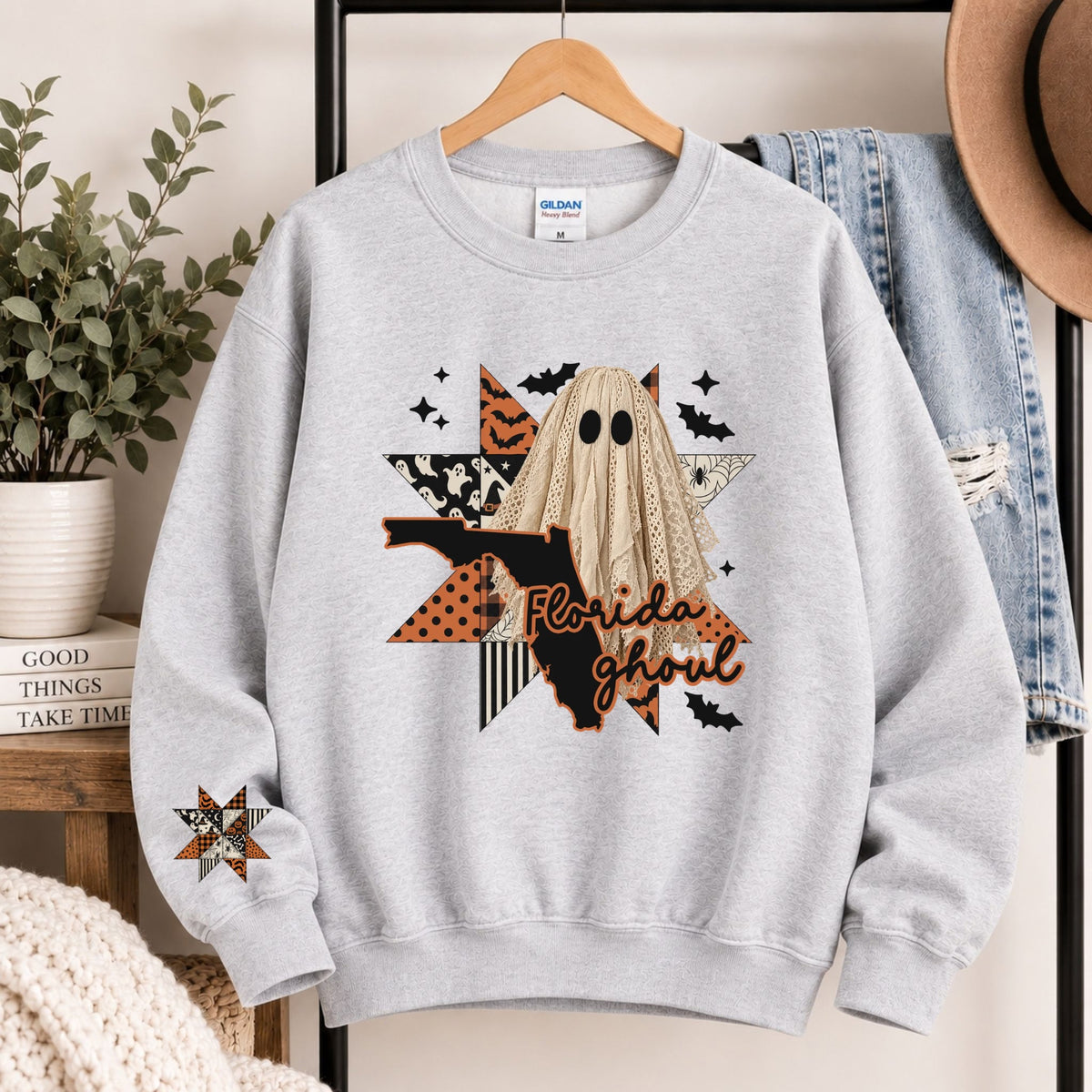 Light gray crewneck sweatshirt with Florida state ghost Halloween graphic