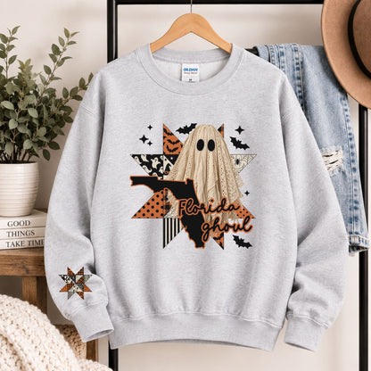 Light gray crewneck sweatshirt with Florida state ghost Halloween graphic