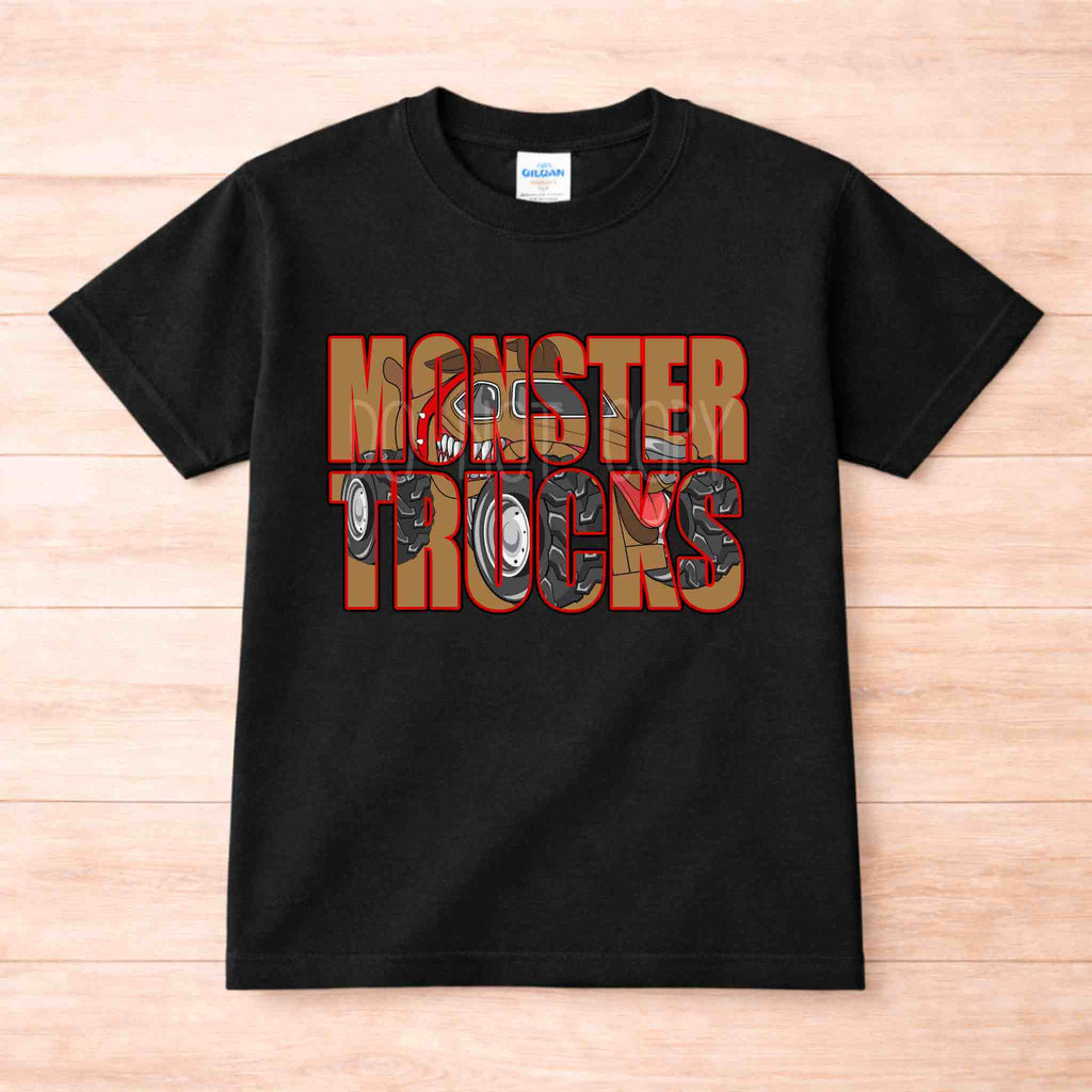 Monster Trucks Youth T Shirt Kid Graphic Tee with bold red lettering and rugged truck graphic on black background.