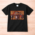 Monster Trucks Youth T Shirt Kid Graphic Tee with bold red lettering and rugged truck graphic on black background.