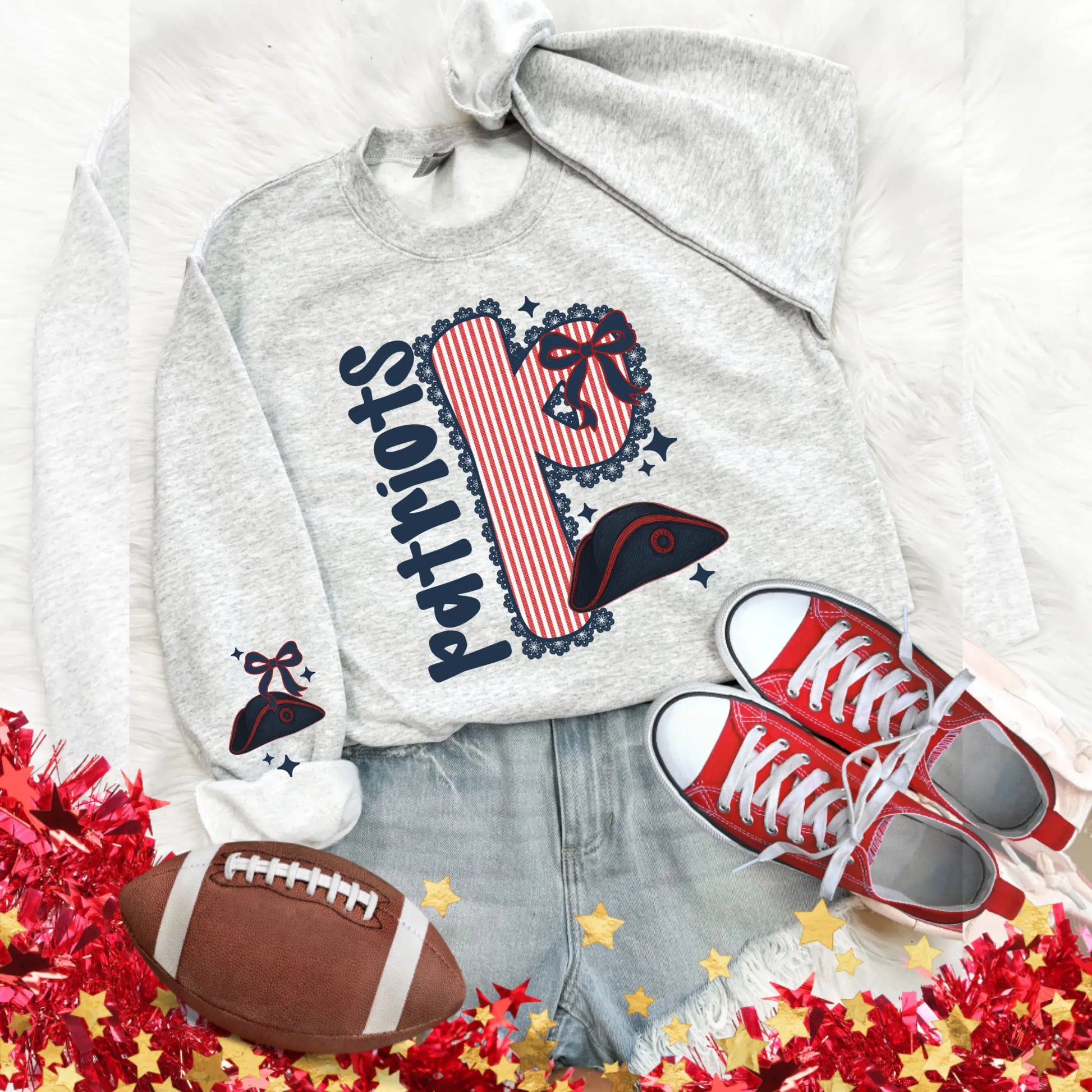 Patriots Seersucker Sweatshirt: NFL Game Day Apparel, Football Style, Accessories, Red Sneakers, and Football.