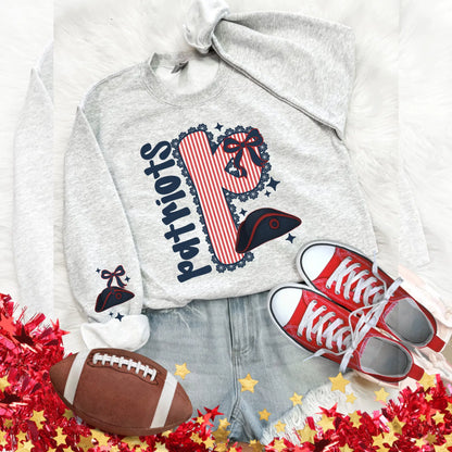 Patriots Seersucker Sweatshirt: NFL Game Day Apparel, Football Style, Accessories, Red Sneakers, and Football.