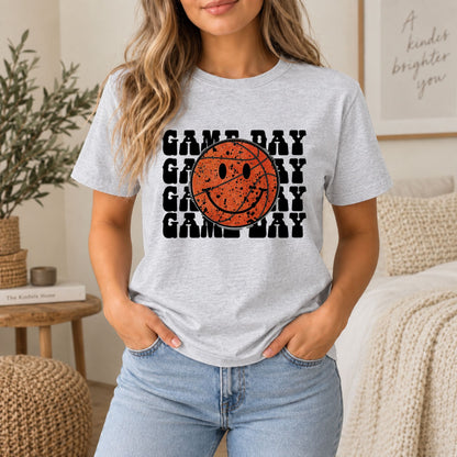 Heather gray crewneck T-shirt with orange basketball smiley and black GAME DAY print