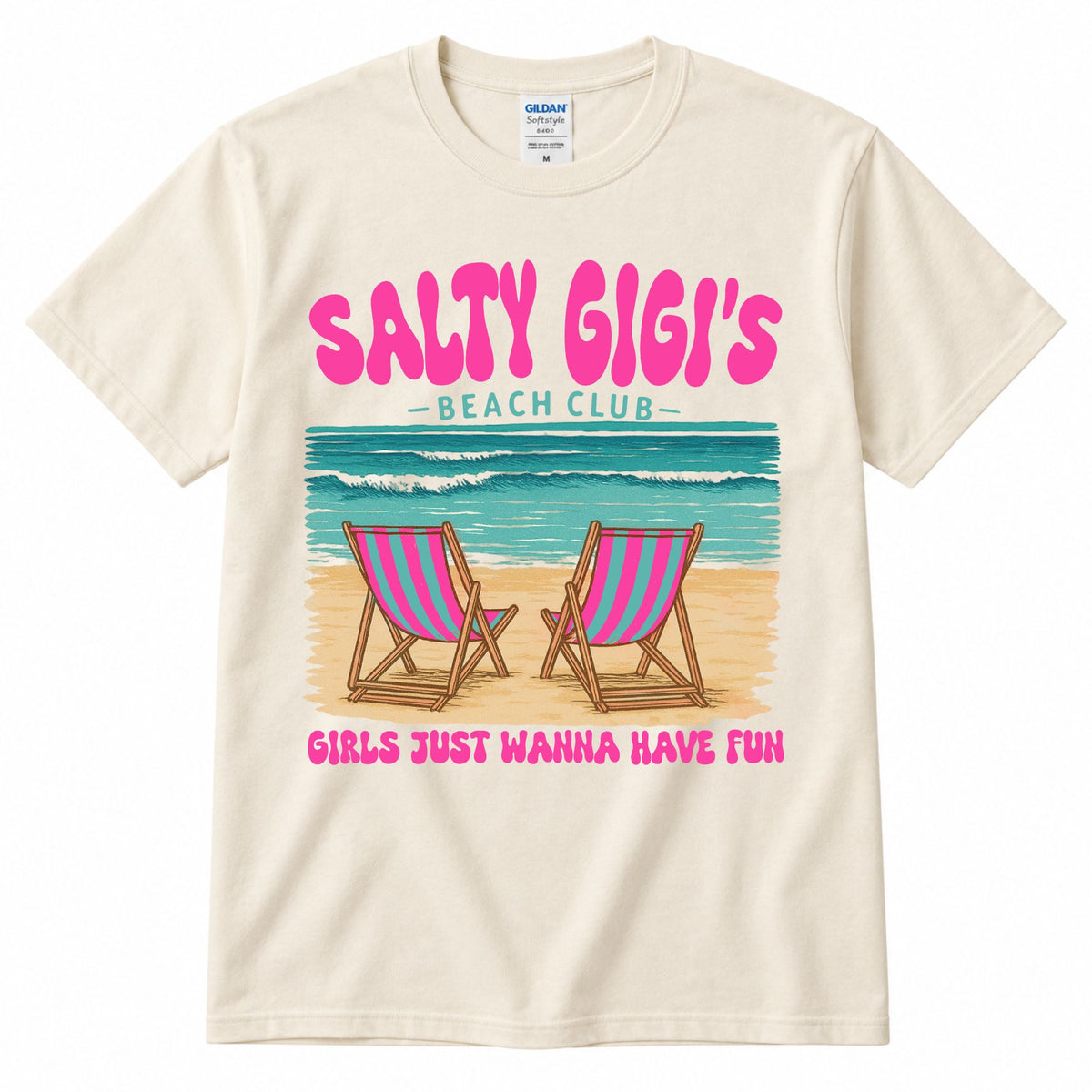 Cream graphic t-shirt with "SALTY GIGI'S" beach club print and two lounge chair illustration