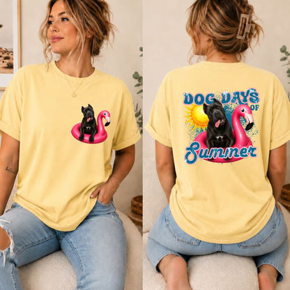 Yellow graphic dog summer t-shirt with black dog on pink pool float, rear "DOG DAYS"