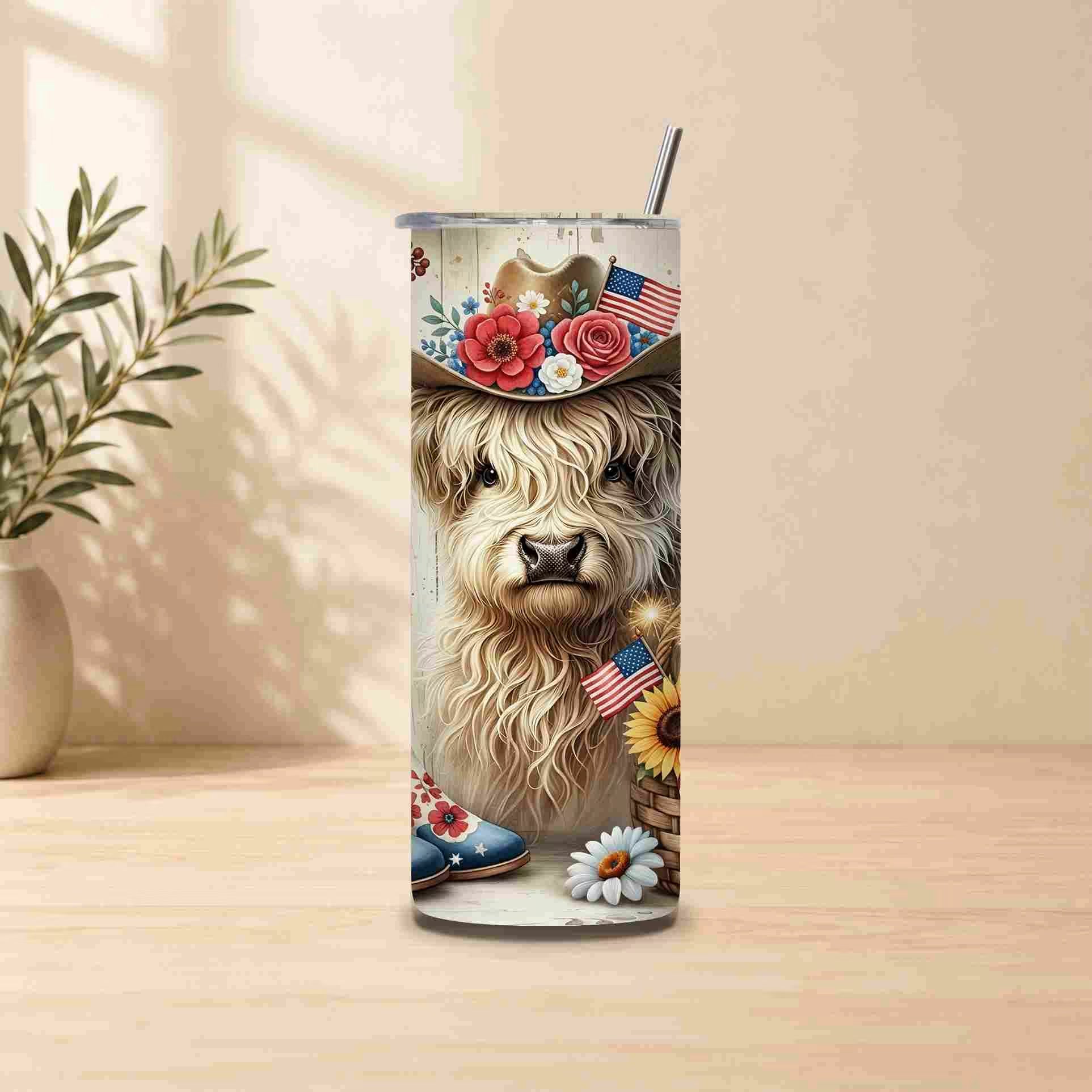 Tumbler with a design of a cow wearing a cowboy hat with flowers, an American flag, and boots on a wooden surface.