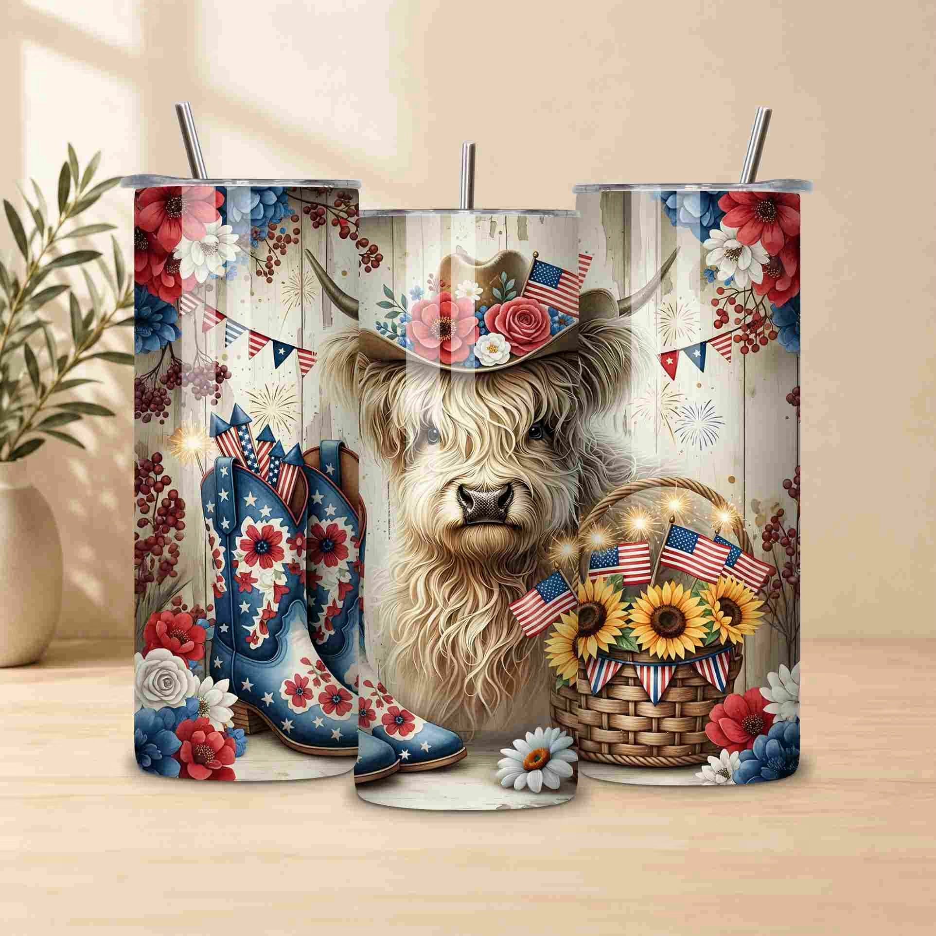 Tumbler with a design of a llama wearing a cowboy hat, surrounded by American flags, boots, and flowers on a wooden surface.