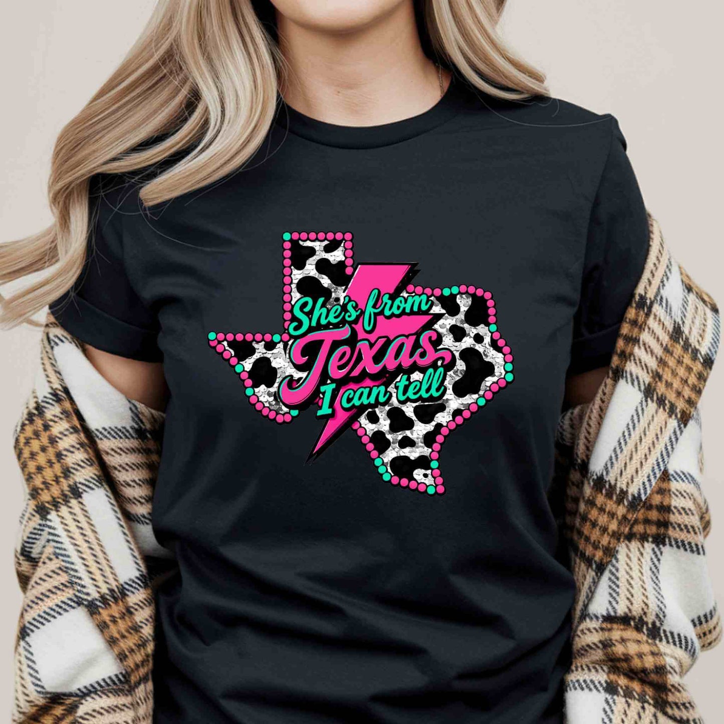 She’s From Texas I Can Tell Shirt – Cow Print Western Graphic Tee