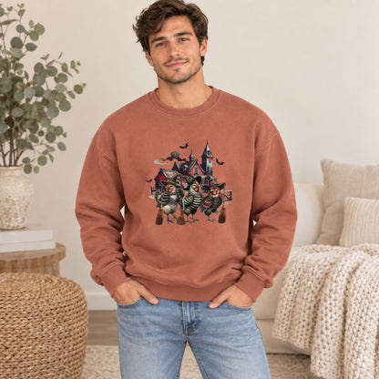 Rust-orange Halloween sweatshirt with witchy chicken graphic on front, long sleeves